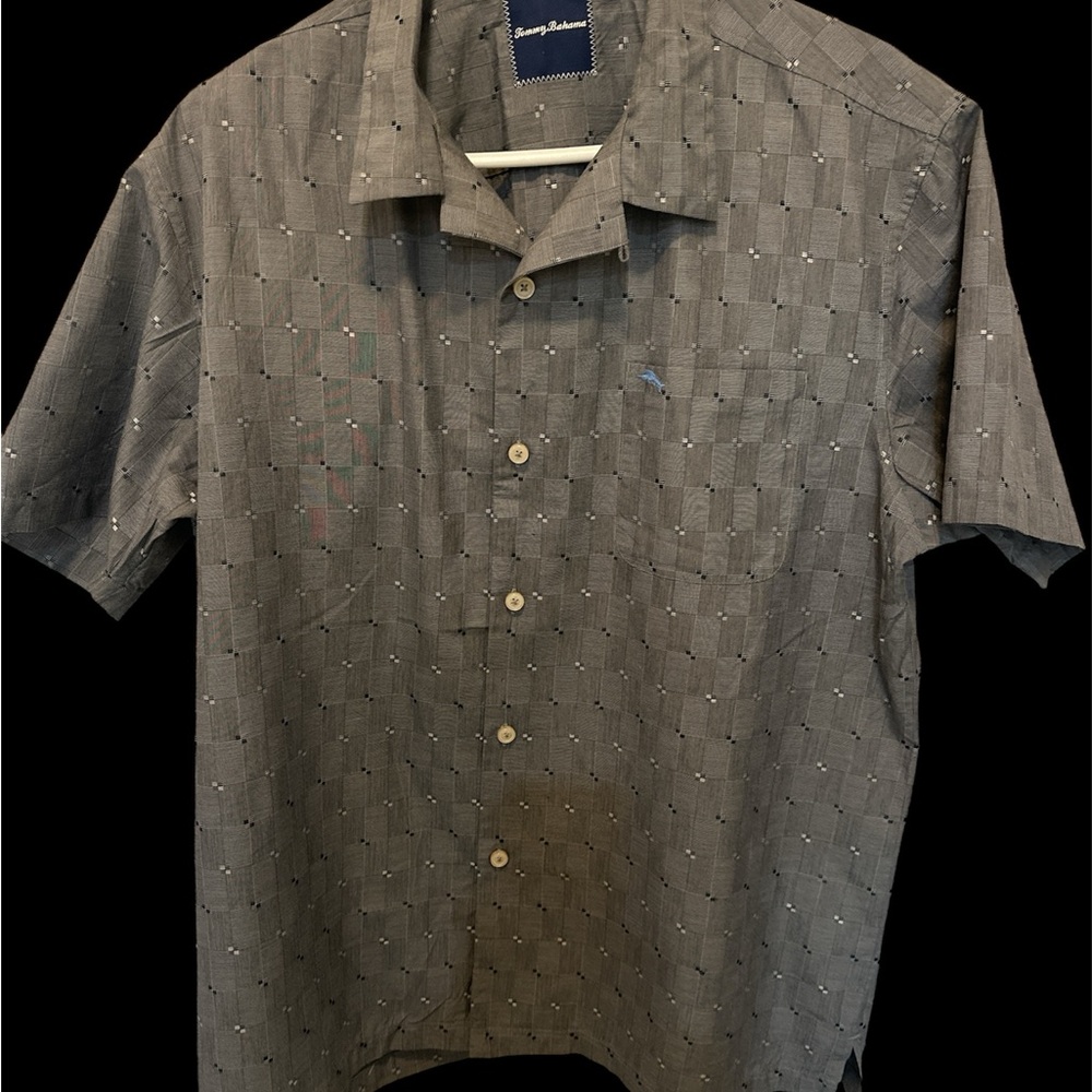 Tommy Bahama Men’s Grey Geometric Silk Cotton Blend Camp Shirt Size L
